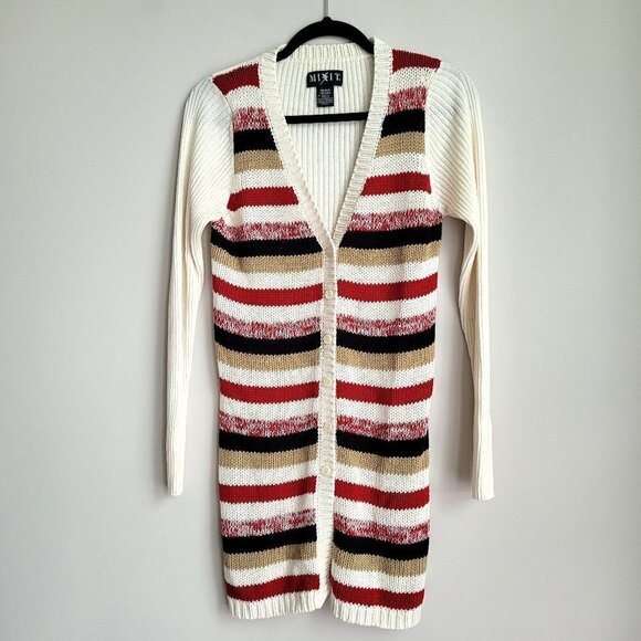 Mixit Ivory Ribbed Back Grandma Vintage Black Red Tan Striped Cardigan - Picture 1 of 7